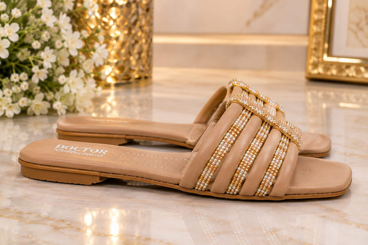 DOCTOR Collection Beige Fancy Slider - Comfortable Soft Sole with Golden Rhinestone Work | Eid & Casual Wear For Women