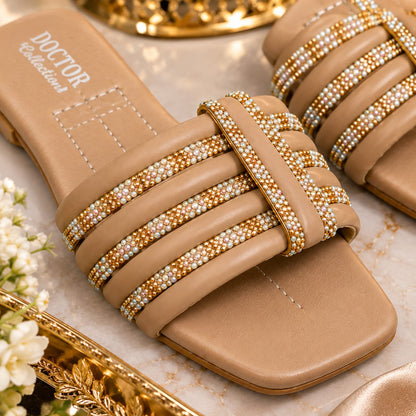 DOCTOR Collection Beige Fancy Slider - Comfortable Soft Sole with Golden Rhinestone Work | Eid & Casual Wear For Women