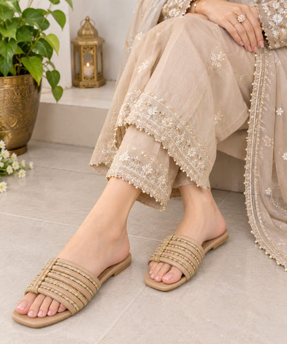 DOCTOR Collection Beige Fancy Slider - Comfortable Soft Sole with Golden Rhinestone Work | Eid & Casual Wear For Women