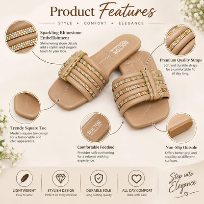 DOCTOR Collection Beige Fancy Slider - Comfortable Soft Sole with Golden Rhinestone Work | Eid & Casual Wear For Women