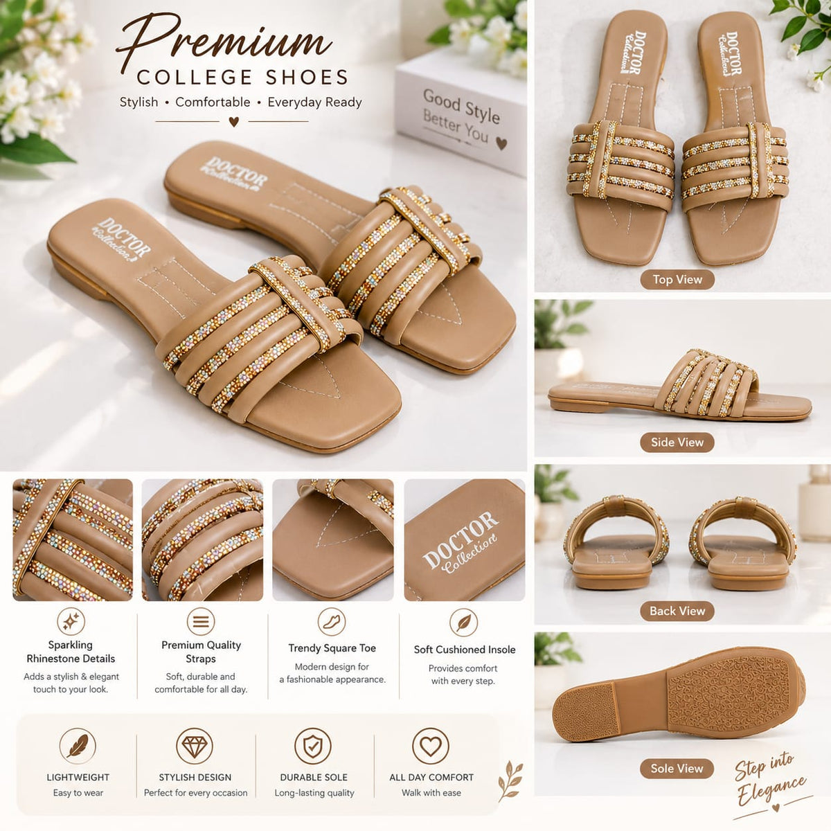 DOCTOR Collection Beige Fancy Slider - Comfortable Soft Sole with Golden Rhinestone Work | Eid & Casual Wear For Women