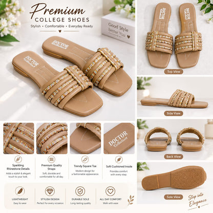 DOCTOR Collection Beige Fancy Slider - Comfortable Soft Sole with Golden Rhinestone Work | Eid & Casual Wear For Women