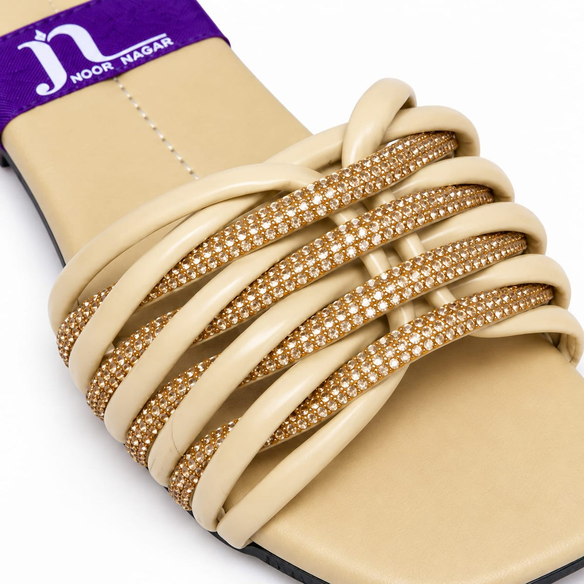 Joota Nagar - Beige Crystal Embellished Flat Slides