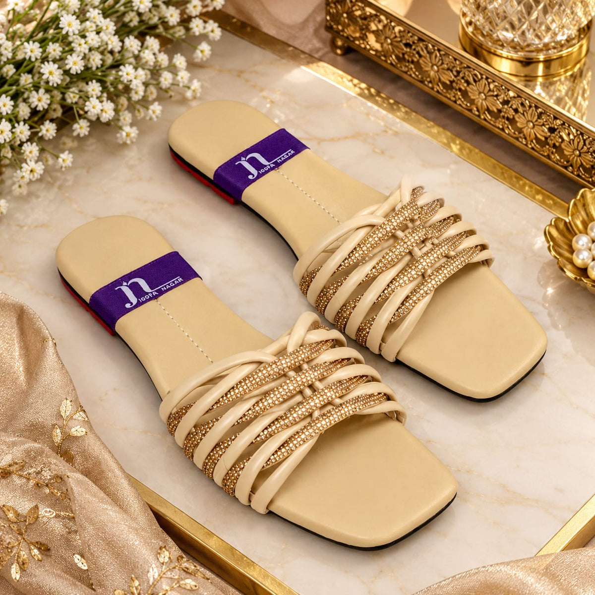 Joota Nagar - Beige Crystal Embellished Flat Slides