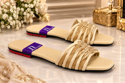 Joota Nagar - Beige Crystal Embellished Flat Slides