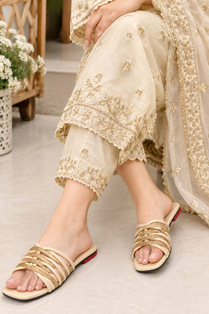 Joota Nagar - Beige Crystal Embellished Flat Slides
