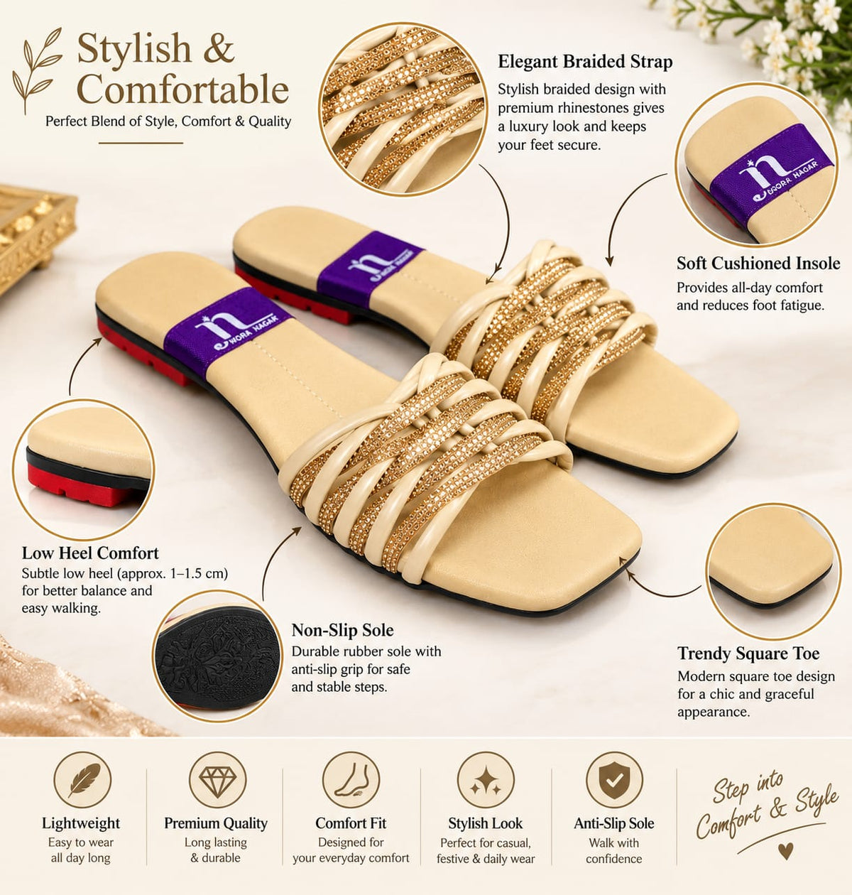 Joota Nagar - Beige Crystal Embellished Flat Slides