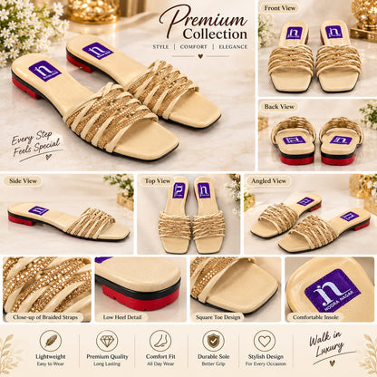 Joota Nagar - Beige Crystal Embellished Flat Slides