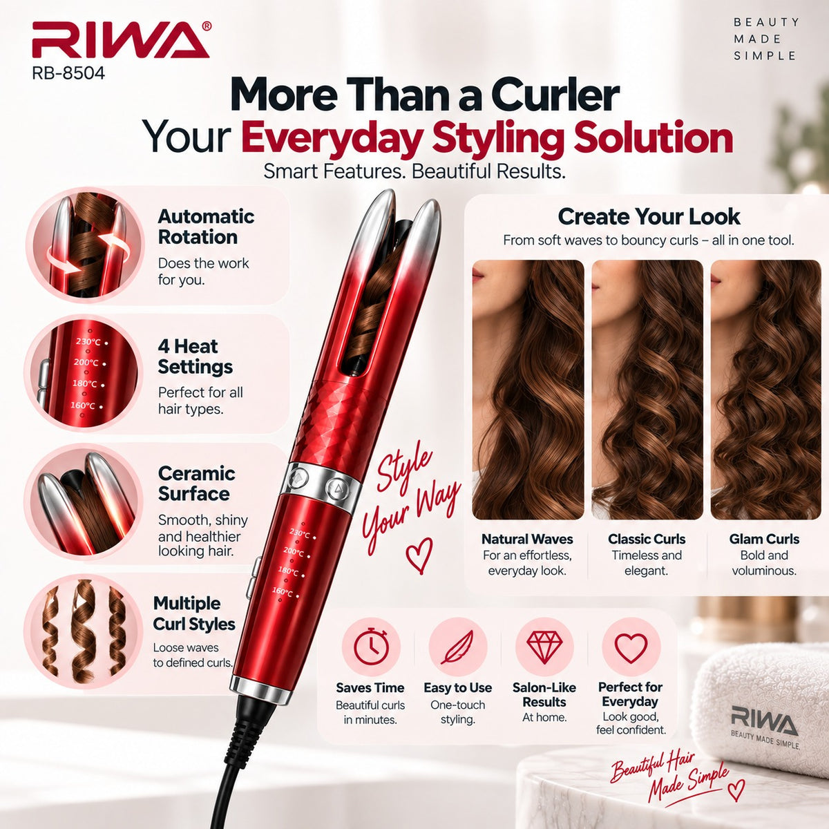 RIWA RB-8504 Automatic Hair Curler with automatic rotation, four heat settings, ceramic surface and multiple curl styles