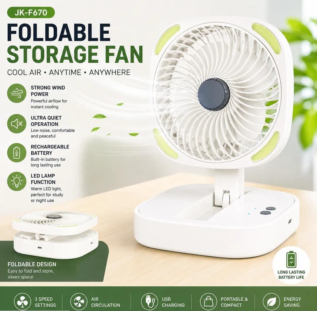 JK-F670 Foldable Rechargeable Fan with LED Lamp