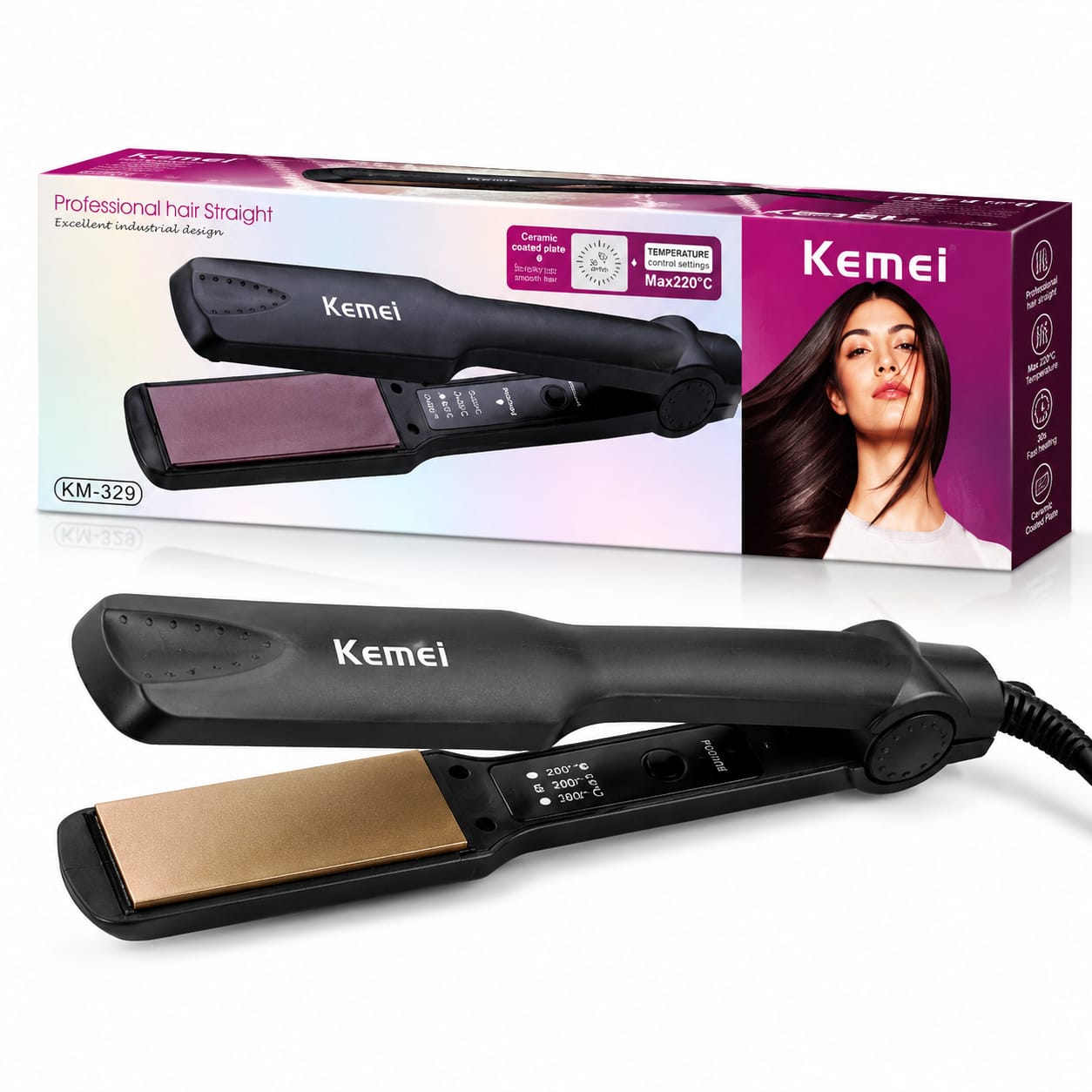 Kemei KM-329 Professional Ceramic Hair Straightener | 220°C Fast Heat | Salon Smooth Hair in 30 Seconds | Premium Styling Tool