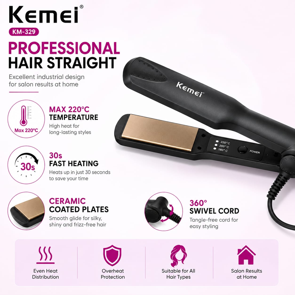 Kemei KM-329 Professional Ceramic Hair Straightener | 220°C Fast Heat | Salon Smooth Hair in 30 Seconds | Premium Styling Tool