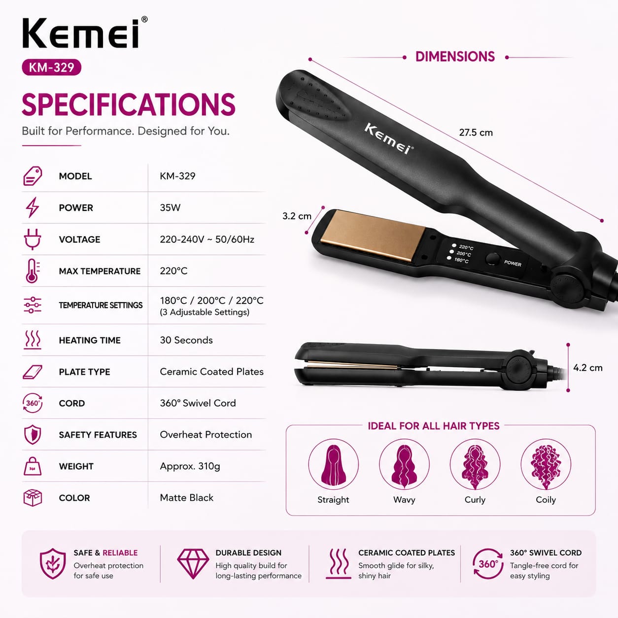 Kemei KM-329 Professional Ceramic Hair Straightener | 220°C Fast Heat | Salon Smooth Hair in 30 Seconds | Premium Styling Tool