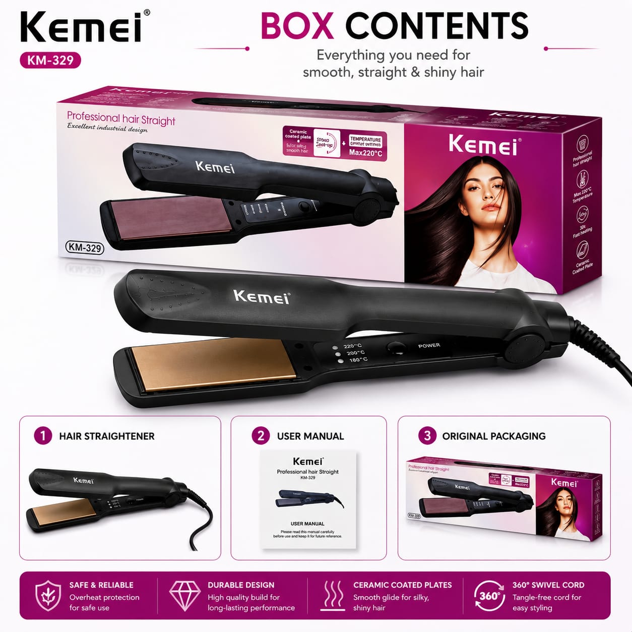 Kemei KM-329 Professional Ceramic Hair Straightener | 220°C Fast Heat | Salon Smooth Hair in 30 Seconds | Premium Styling Tool