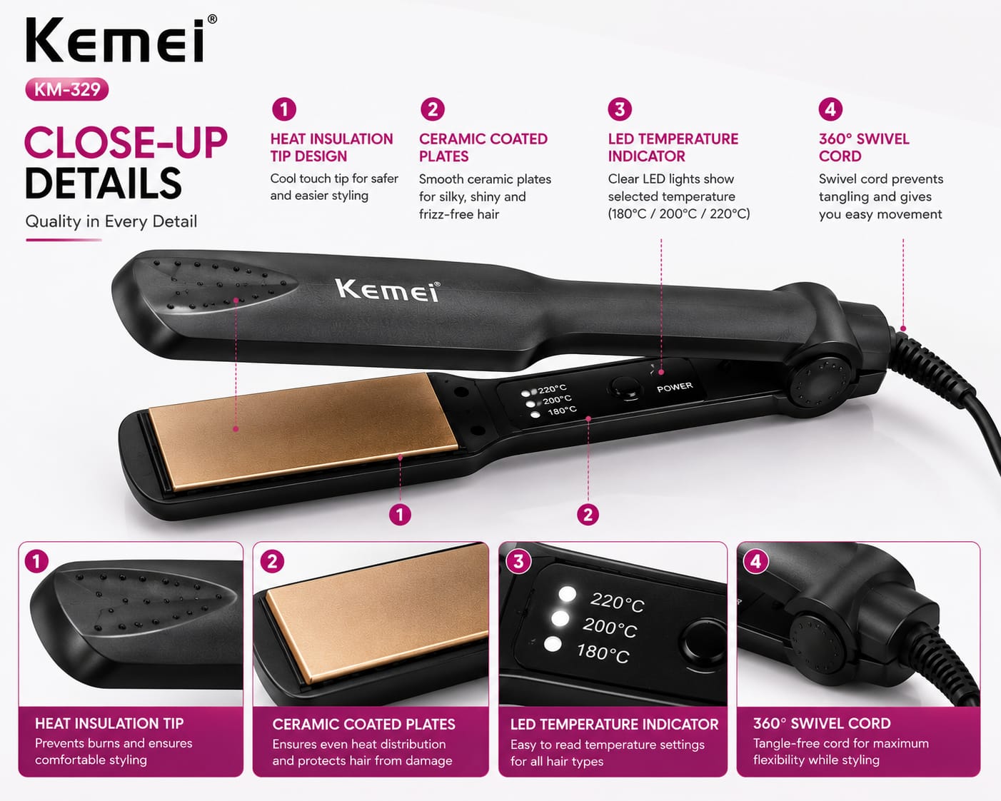 Kemei KM-329 Professional Ceramic Hair Straightener | 220°C Fast Heat | Salon Smooth Hair in 30 Seconds | Premium Styling Tool