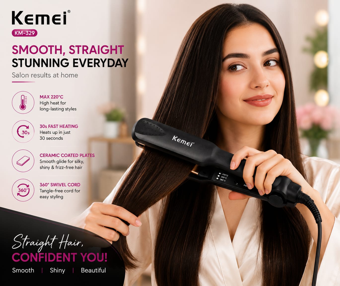 Kemei KM-329 Professional Ceramic Hair Straightener | 220°C Fast Heat | Salon Smooth Hair in 30 Seconds | Premium Styling Tool