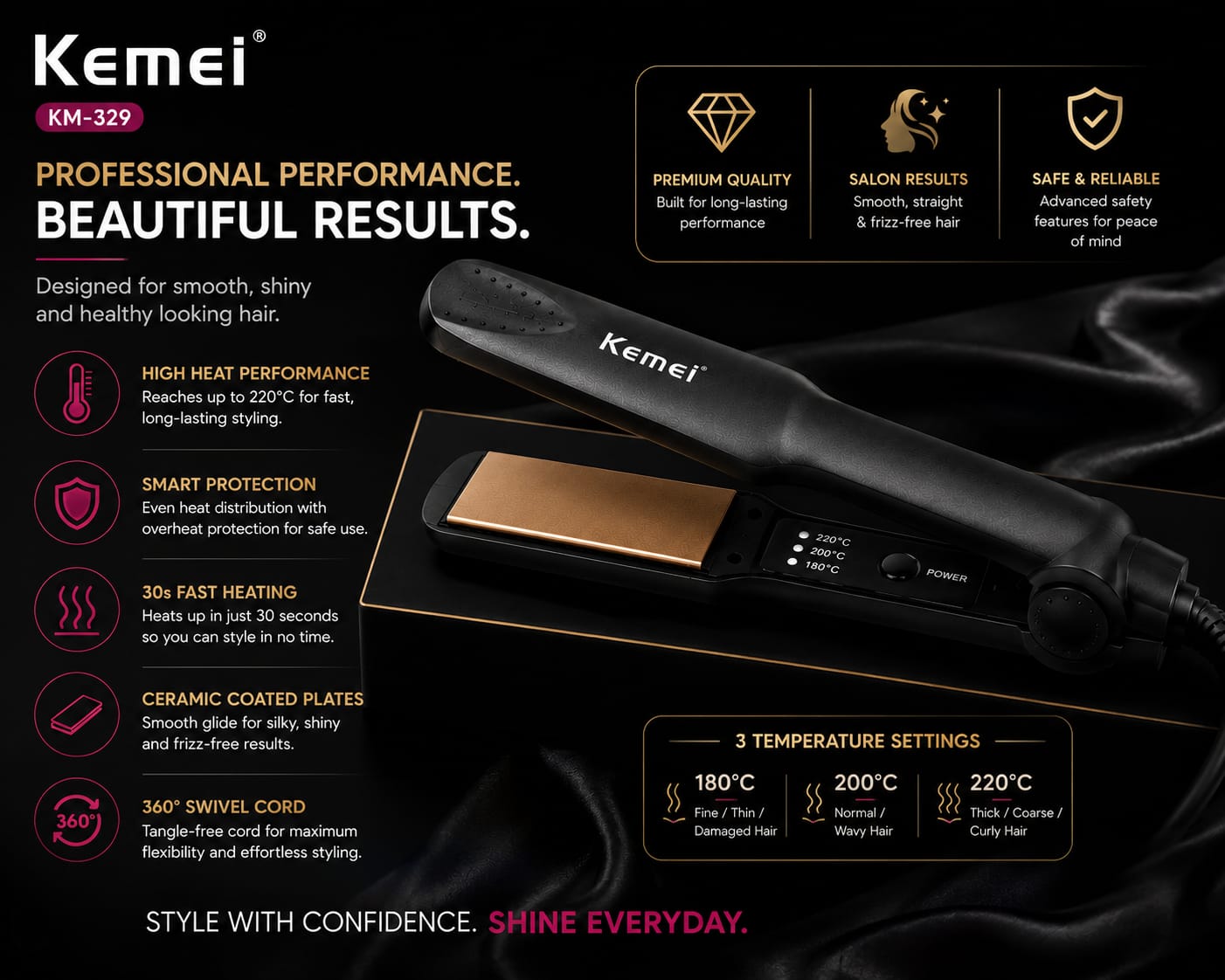 Kemei KM-329 Professional Ceramic Hair Straightener | 220°C Fast Heat | Salon Smooth Hair in 30 Seconds | Premium Styling Tool